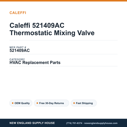 Caleffi 521409AC Thermostatic Mixing Valve — New England Supply House spec card [NESH-SPEC-CARD-V2]