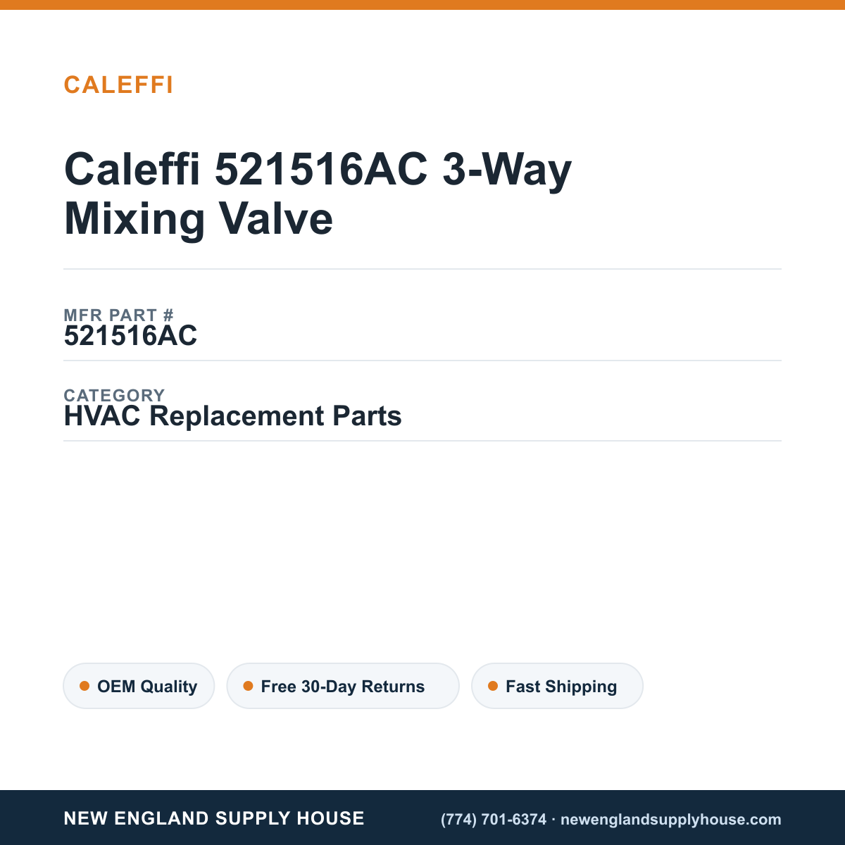 Caleffi 521516AC 3-Way Mixing Valve — New England Supply House spec card [NESH-SPEC-CARD-V2]