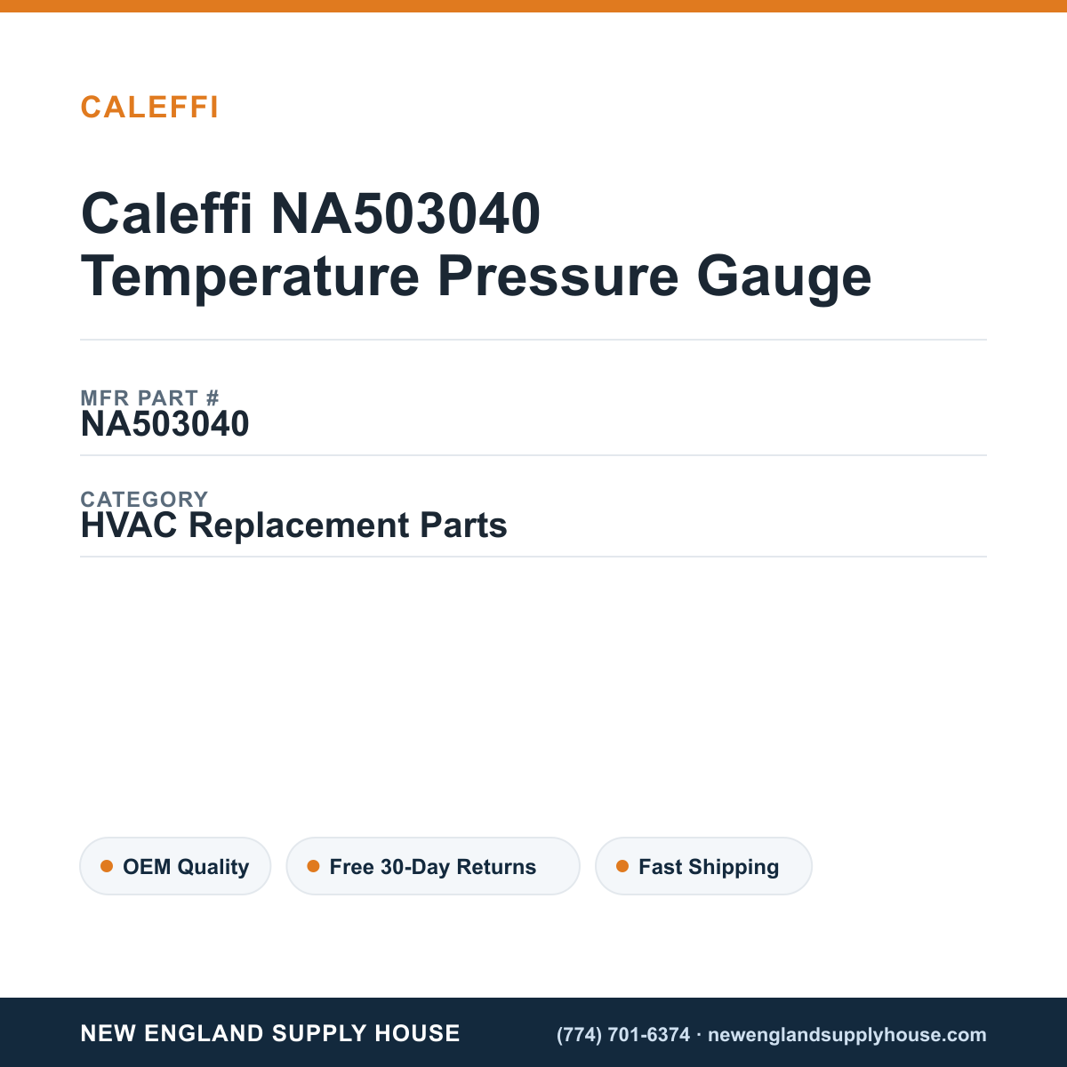 Caleffi NA503040 Temperature Pressure Gauge — New England Supply House spec card [NESH-SPEC-CARD-V2]
