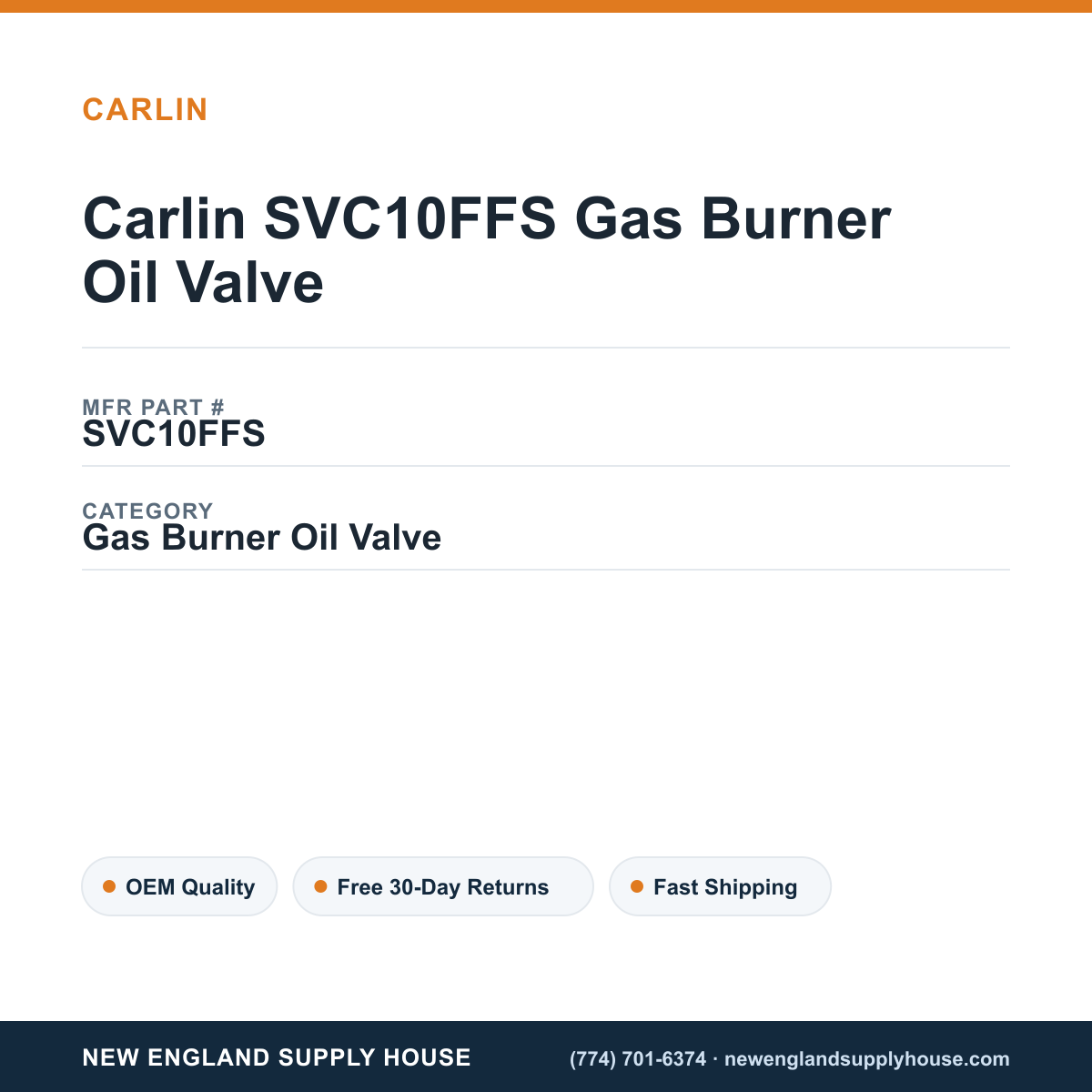 Carlin SVC10FFS Gas Burner Oil Valve — New England Supply House spec card [NESH-SPEC-CARD-V2]