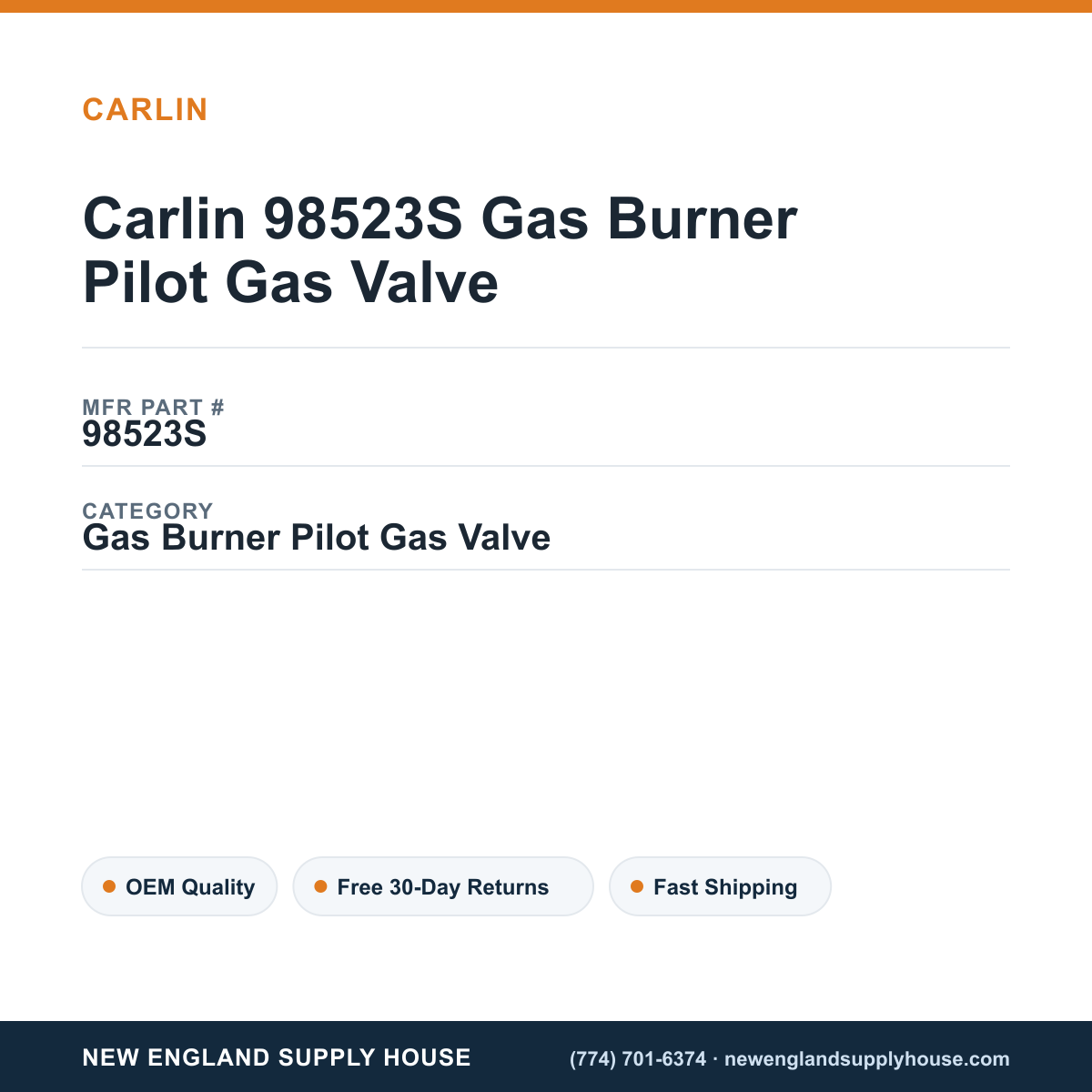 Carlin 98523S Gas Burner Pilot Gas Valve — New England Supply House spec card [NESH-SPEC-CARD-V2]