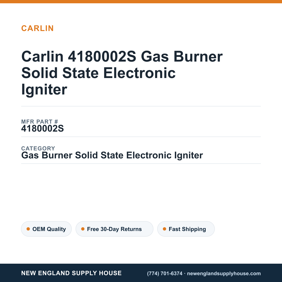 Carlin 4180002S Gas Burner Solid State Electronic Igniter — New England Supply House spec card [NESH-SPEC-CARD-V2]