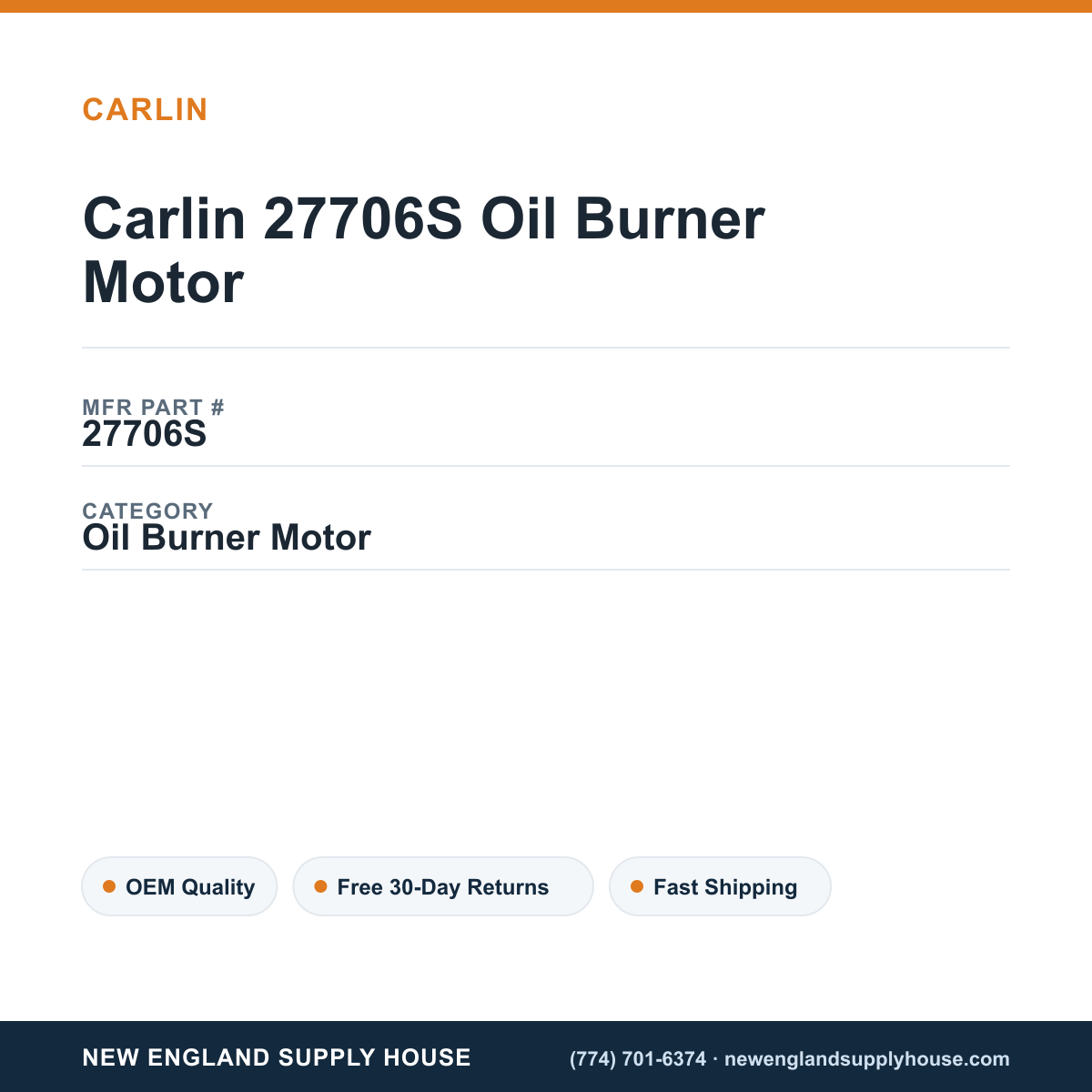 Carlin 27706S Oil Burner Motor — New England Supply House spec card [NESH-SPEC-CARD-V2]