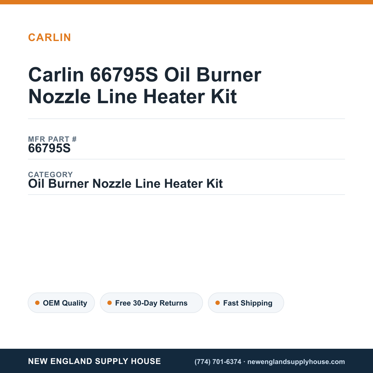 Carlin 66795S Oil Burner Nozzle Line Heater Kit — New England Supply House spec card [NESH-SPEC-CARD-V2]