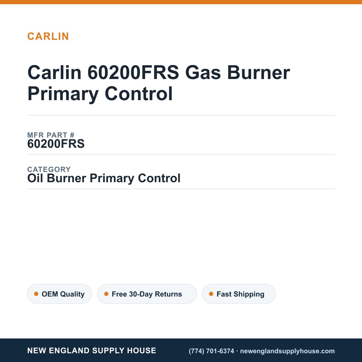 Carlin 60200FRS Gas Burner Primary Control — New England Supply House spec card [NESH-SPEC-CARD-V2]
