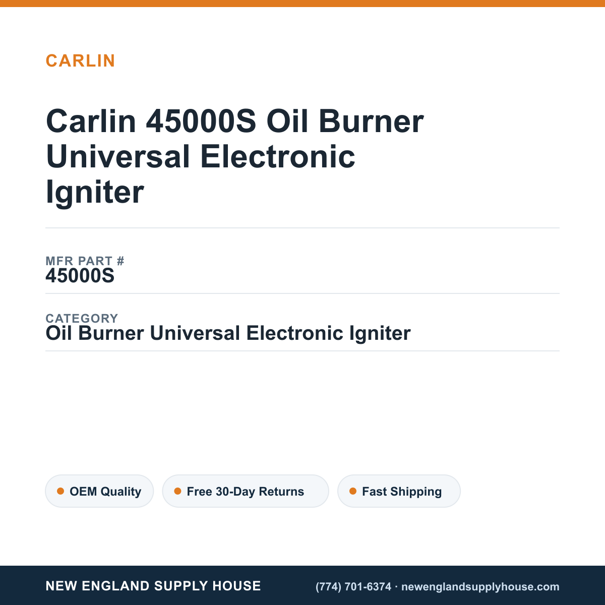 Carlin 45000S Oil Burner Universal Electronic Igniter — New England Supply House spec card [NESH-SPEC-CARD-V2]