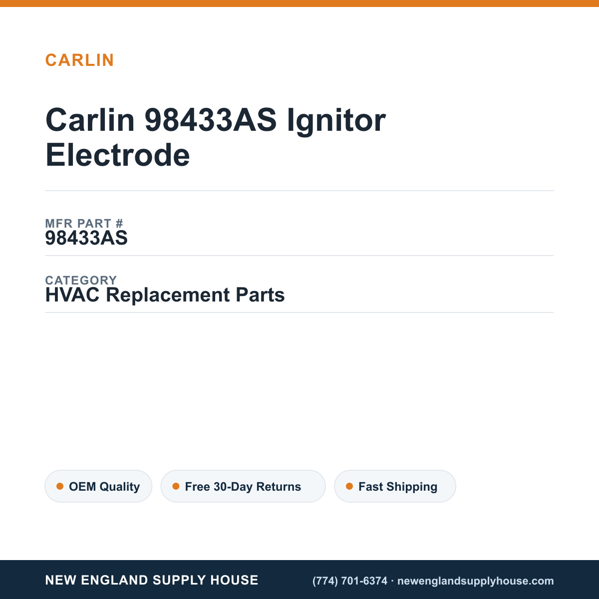 Carlin 98433AS Ignitor Electrode — New England Supply House spec card [NESH-SPEC-CARD-V2]