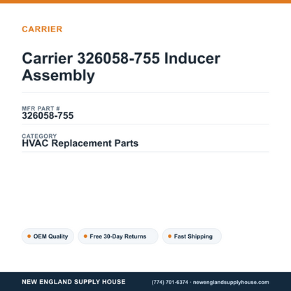 Carrier 326058-755 Inducer Assembly — New England Supply House spec card [NESH-SPEC-CARD-V2]