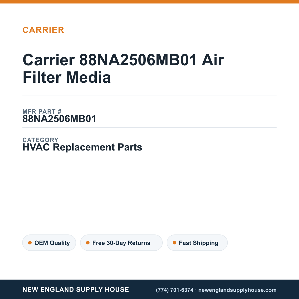 Carrier 88NA2506MB01 Air Filter Media — New England Supply House spec card [NESH-SPEC-CARD-V2]