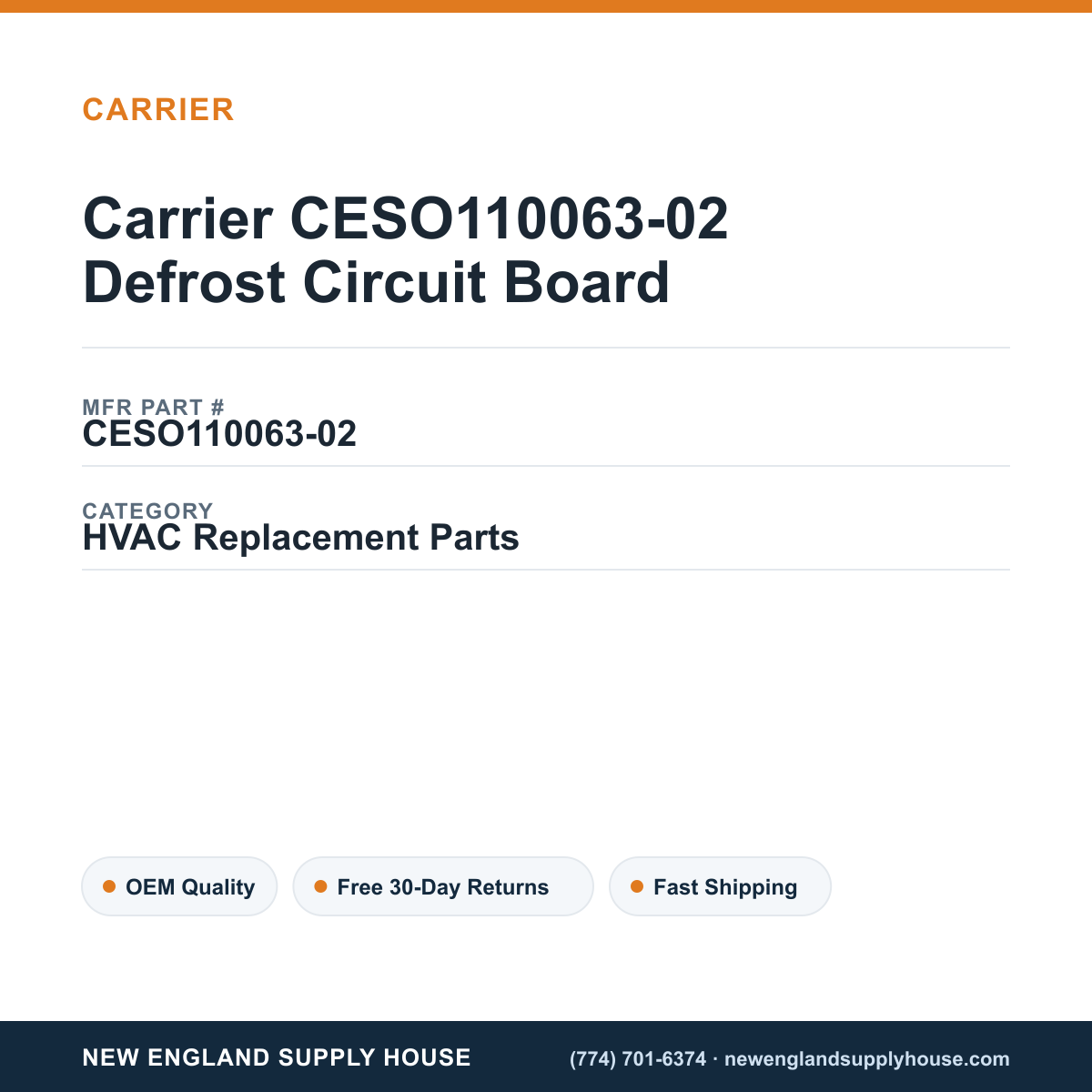 Carrier CESO110063-02 Defrost Circuit Board — New England Supply House spec card [NESH-SPEC-CARD-V2]