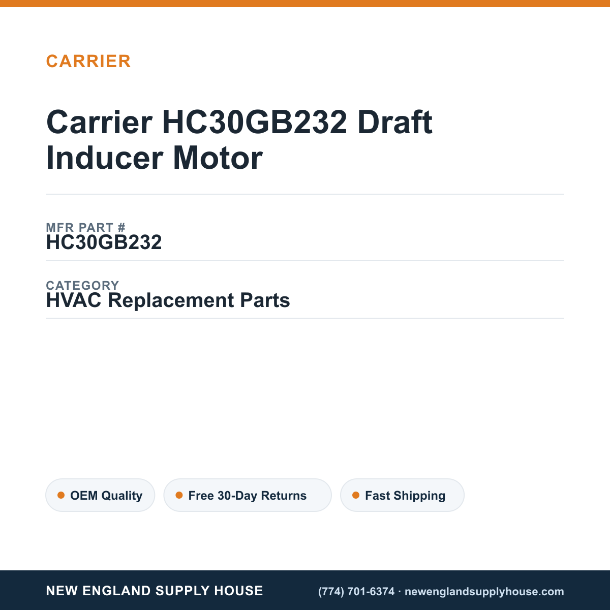 Carrier HC30GB232 Draft Inducer Motor — New England Supply House spec card [NESH-SPEC-CARD-V2]
