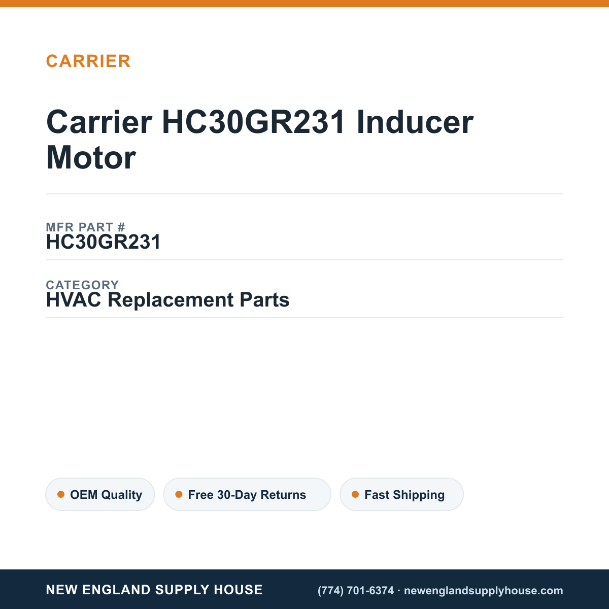 Carrier HC30GR231 Inducer Motor — New England Supply House spec card [NESH-SPEC-CARD-V2]