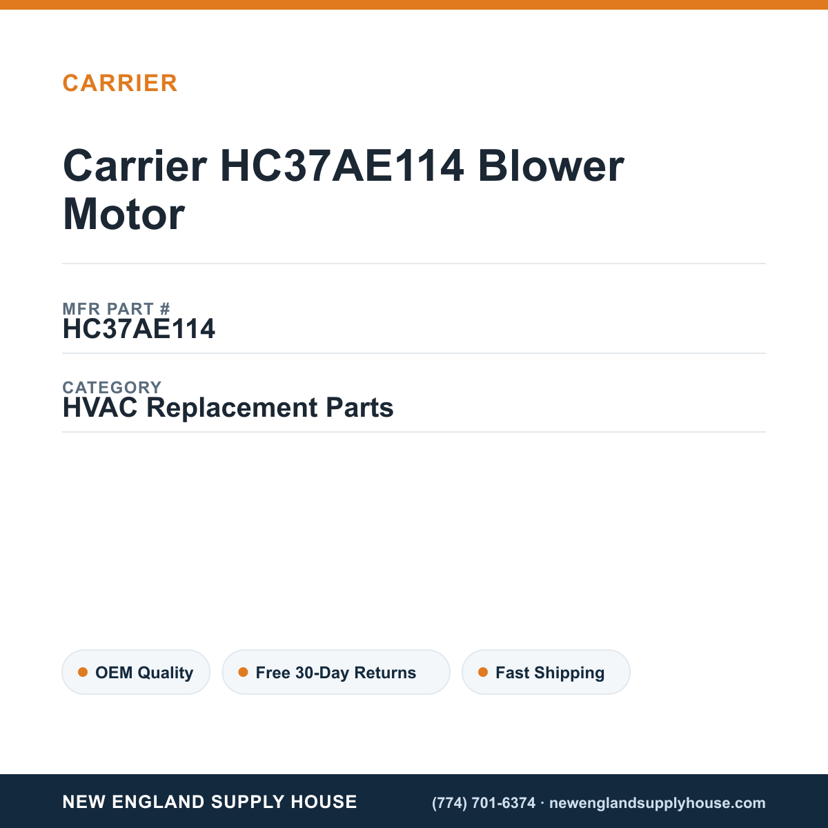Carrier HC37AE114 Blower Motor — New England Supply House spec card [NESH-SPEC-CARD-V2]