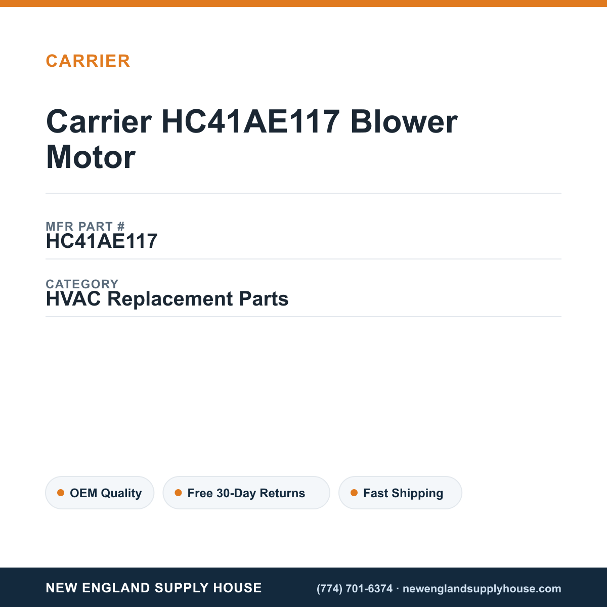 Carrier HC41AE117 Blower Motor — New England Supply House spec card [NESH-SPEC-CARD-V2]