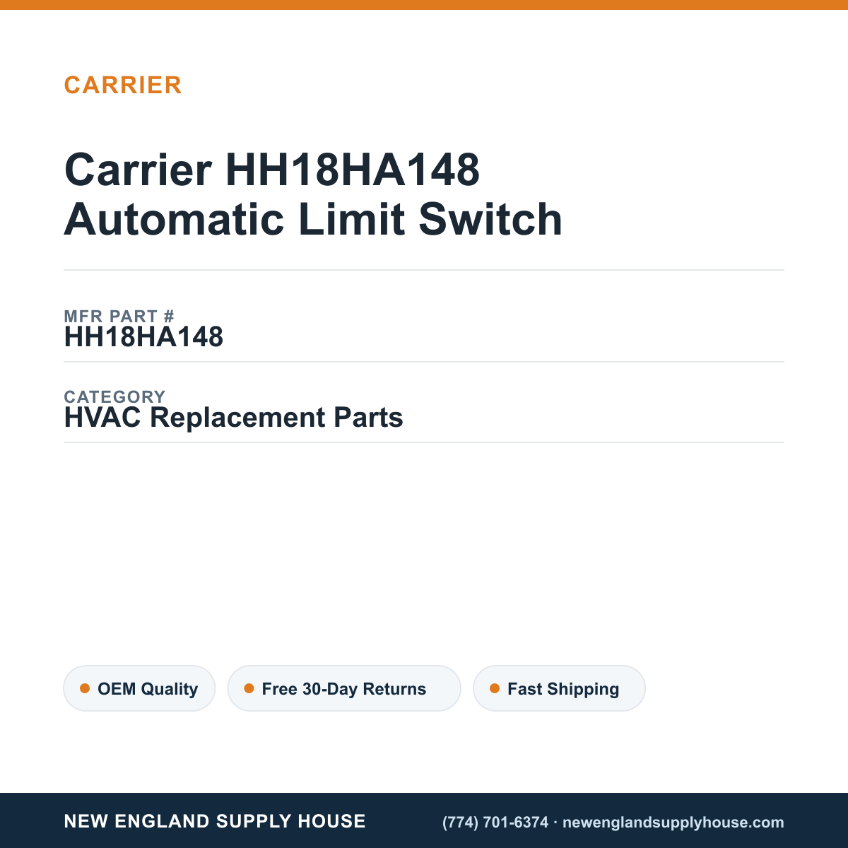 Carrier HH18HA148 Automatic Limit Switch — New England Supply House spec card [NESH-SPEC-CARD-V2]
