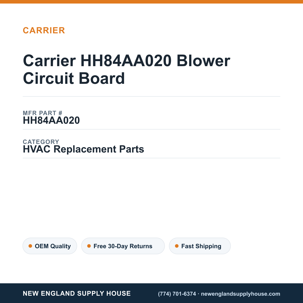 Carrier HH84AA020 Blower Circuit Board — New England Supply House spec card [NESH-SPEC-CARD-V2]