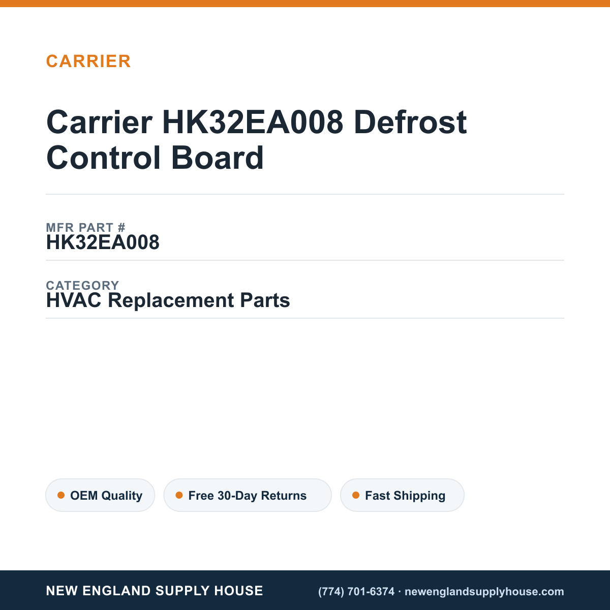 Carrier HK32EA008 Defrost Control Board — New England Supply House spec card [NESH-SPEC-CARD-V2]