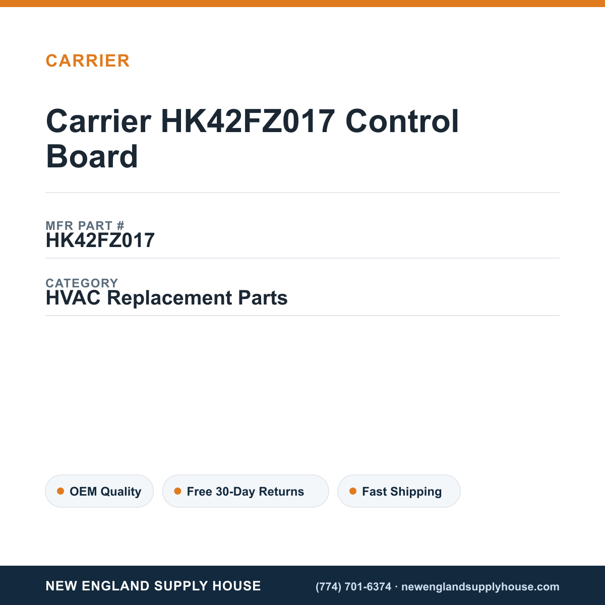 Carrier HK42FZ017 Control Board — New England Supply House spec card [NESH-SPEC-CARD-V2]