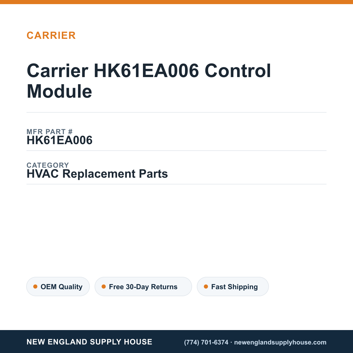 Carrier HK61EA006 Control Module — New England Supply House spec card [NESH-SPEC-CARD-V2]