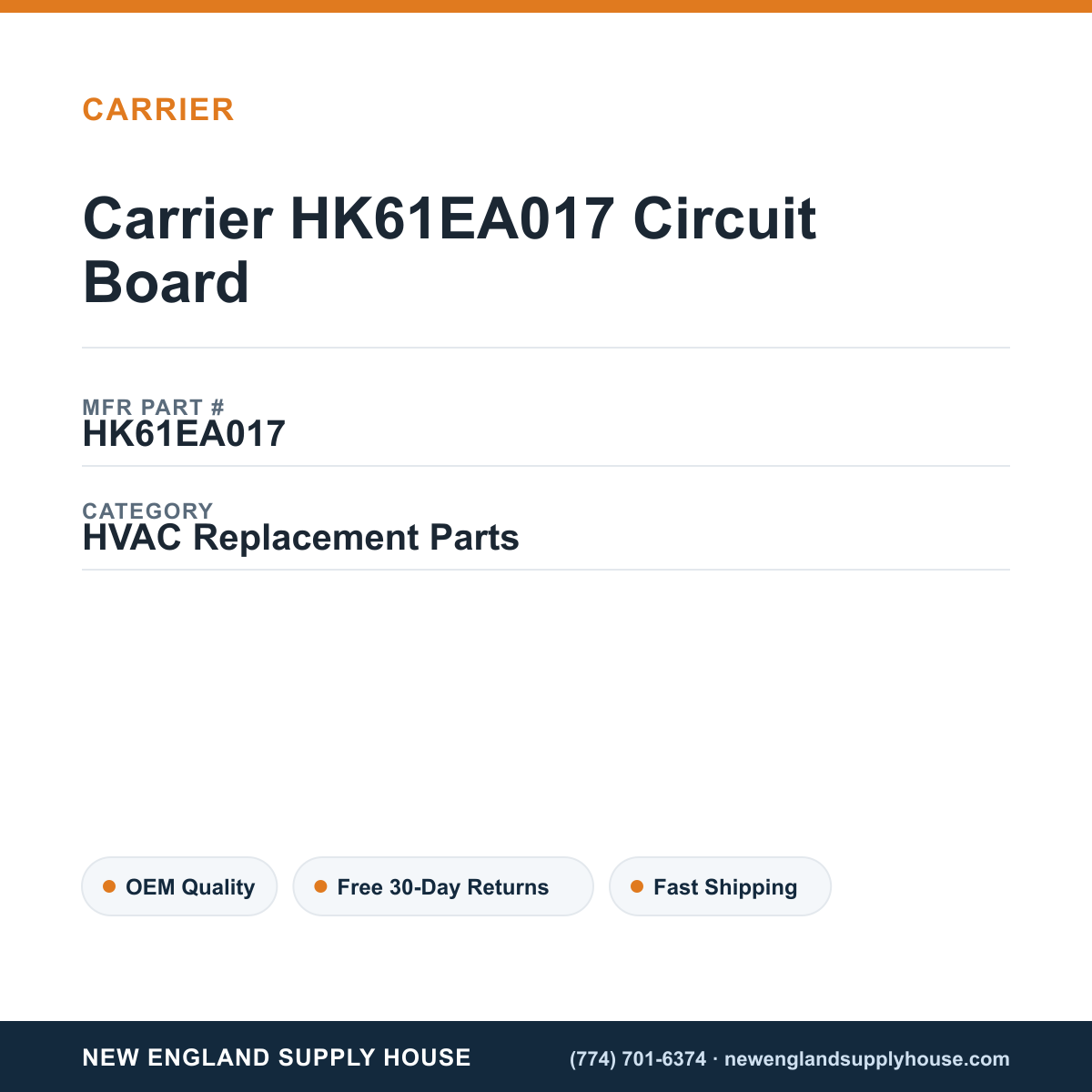Carrier HK61EA017 Circuit Board — New England Supply House spec card [NESH-SPEC-CARD-V2]