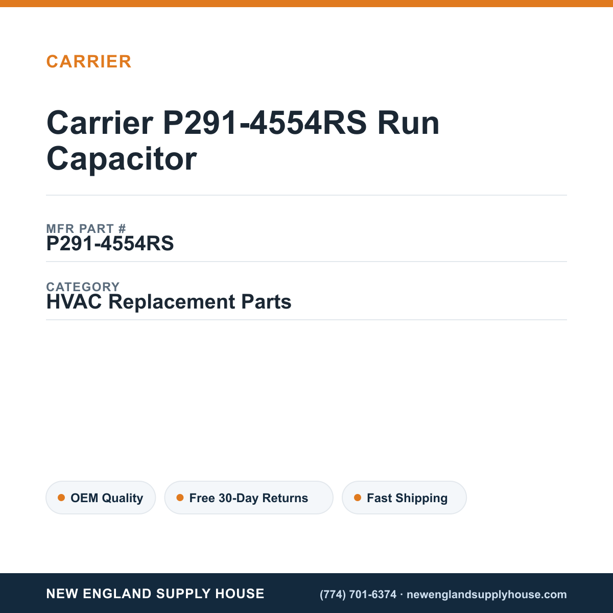 Carrier P291-4554RS Run Capacitor — New England Supply House spec card [NESH-SPEC-CARD-V2]