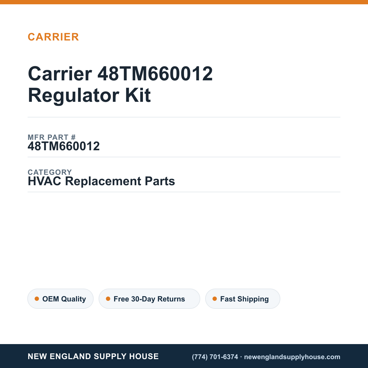 Carrier 48TM660012 Regulator Kit — New England Supply House spec card [NESH-SPEC-CARD-V2]