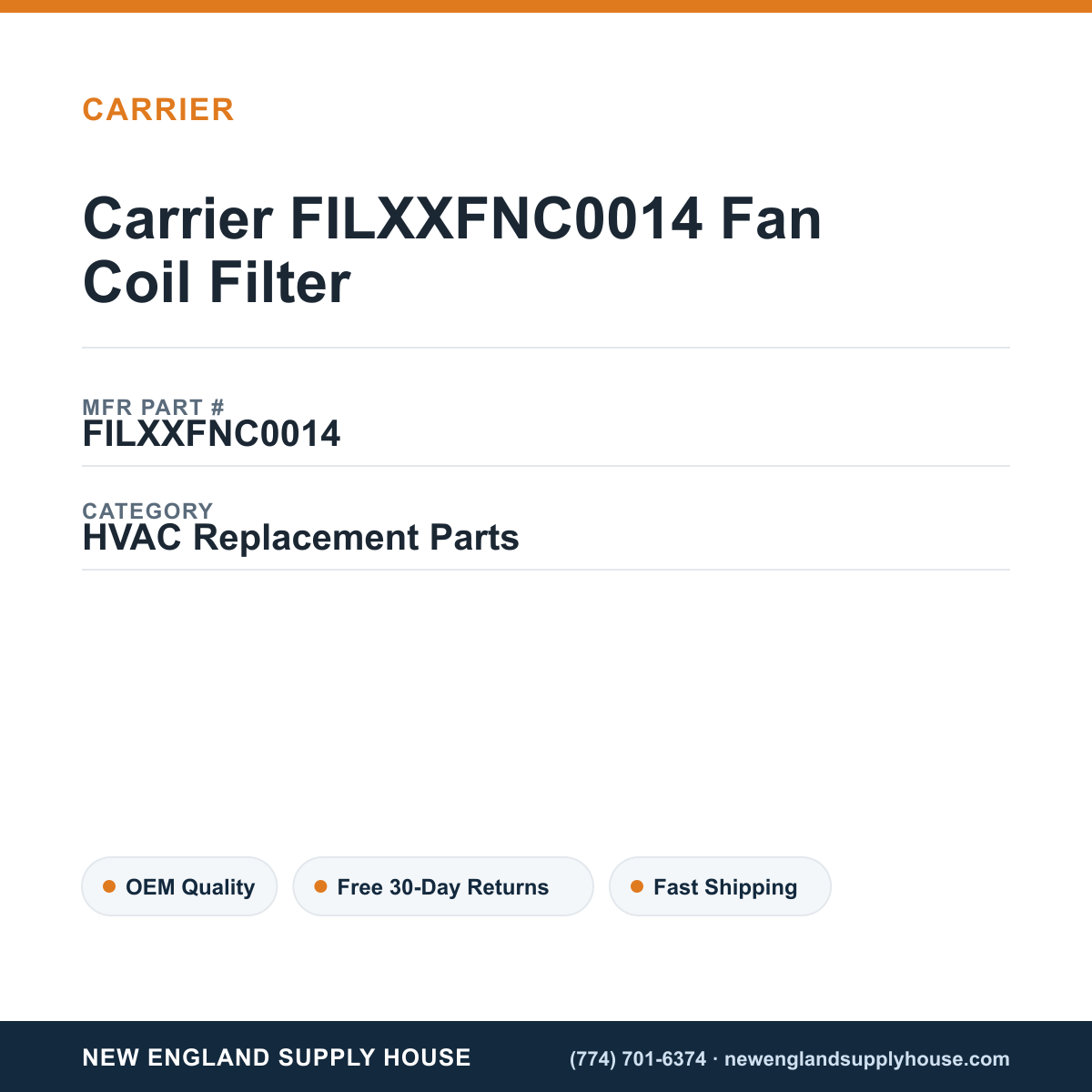 Carrier FILXXFNC0014 Fan Coil Filter — New England Supply House spec card [NESH-SPEC-CARD-V2]