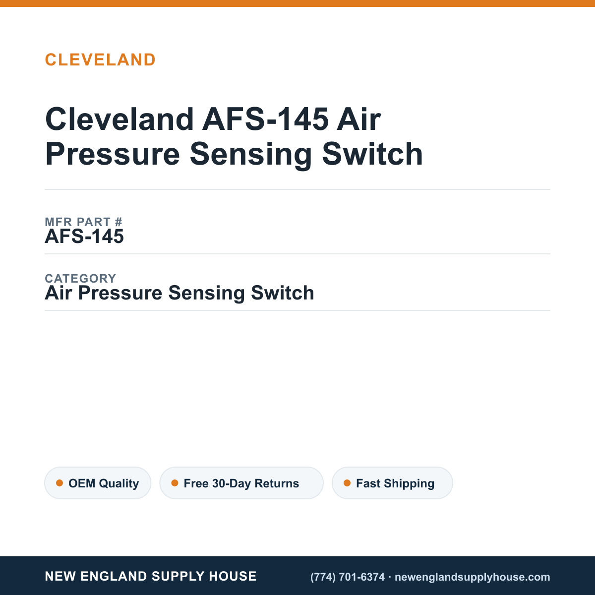 Cleveland AFS-145 Air Pressure Sensing Switch — New England Supply House spec card [NESH-SPEC-CARD-V2]