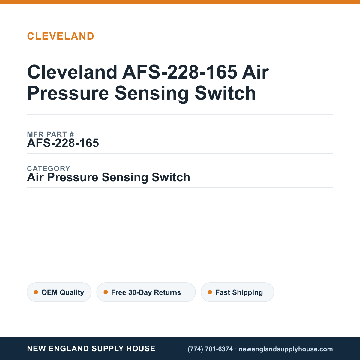Cleveland AFS-228-165 Air Pressure Sensing Switch — New England Supply House spec card [NESH-SPEC-CARD-V2]
