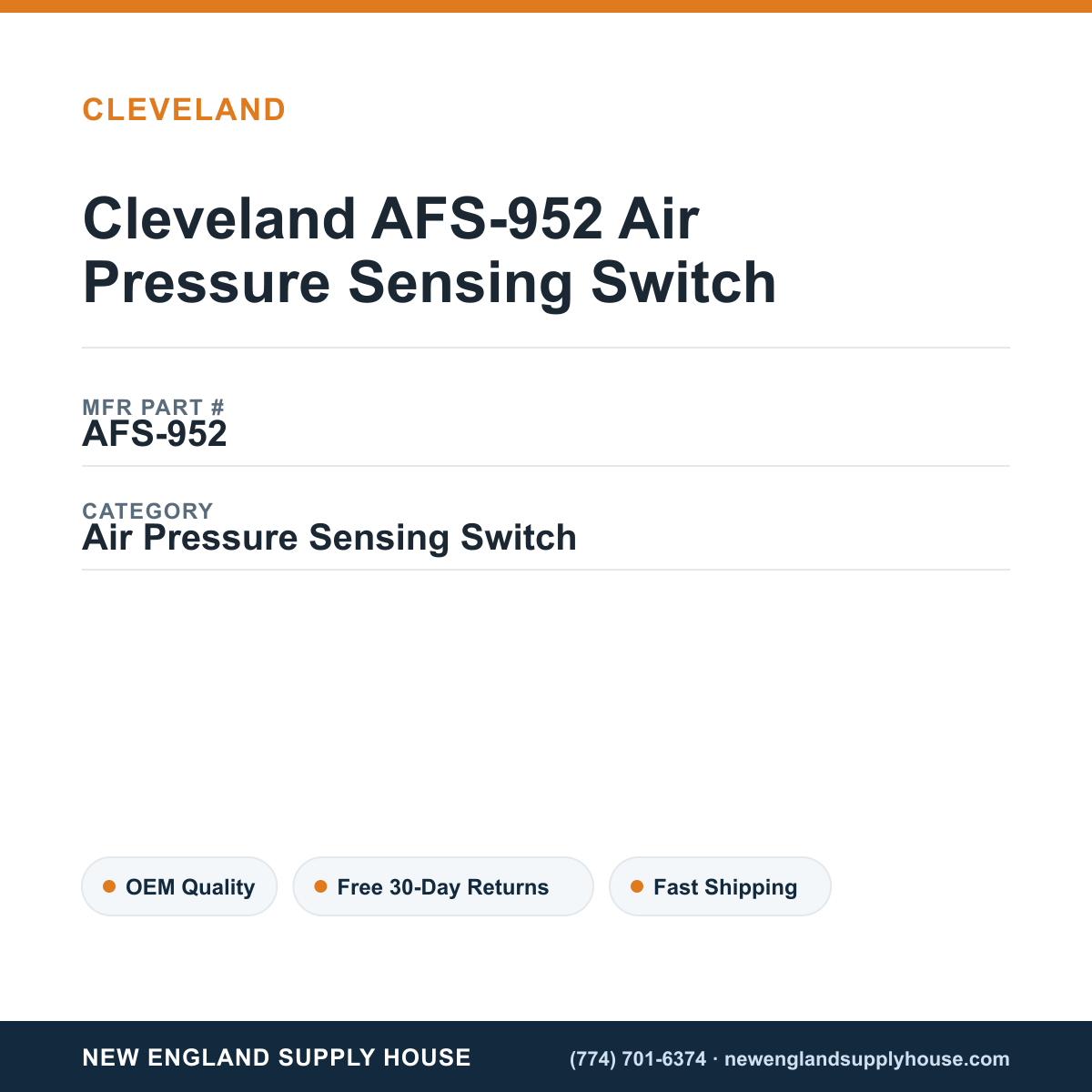 Cleveland AFS-952 Air Pressure Sensing Switch — New England Supply House spec card [NESH-SPEC-CARD-V2]