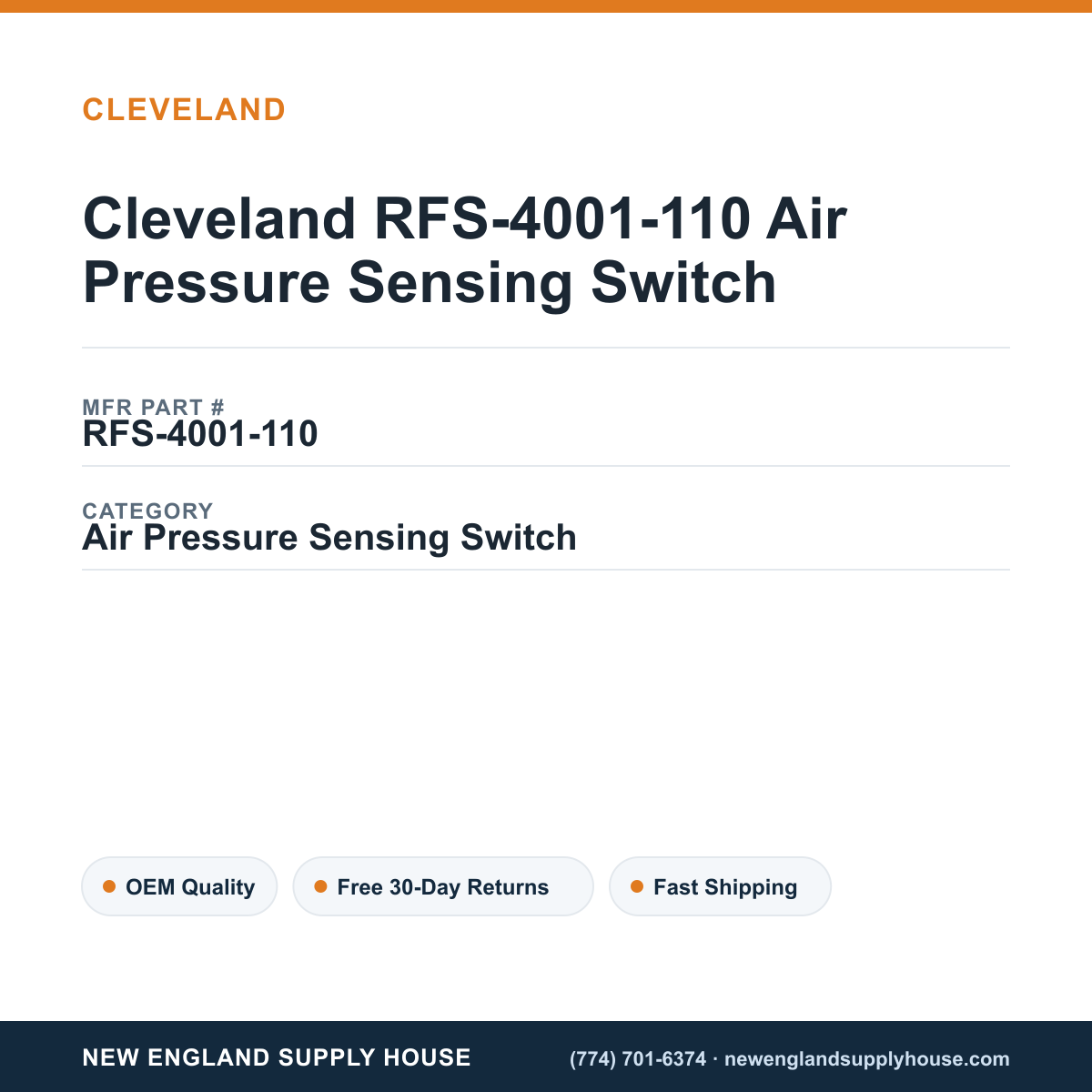 Cleveland RFS-4001-110 Air Pressure Sensing Switch — New England Supply House spec card [NESH-SPEC-CARD-V2]