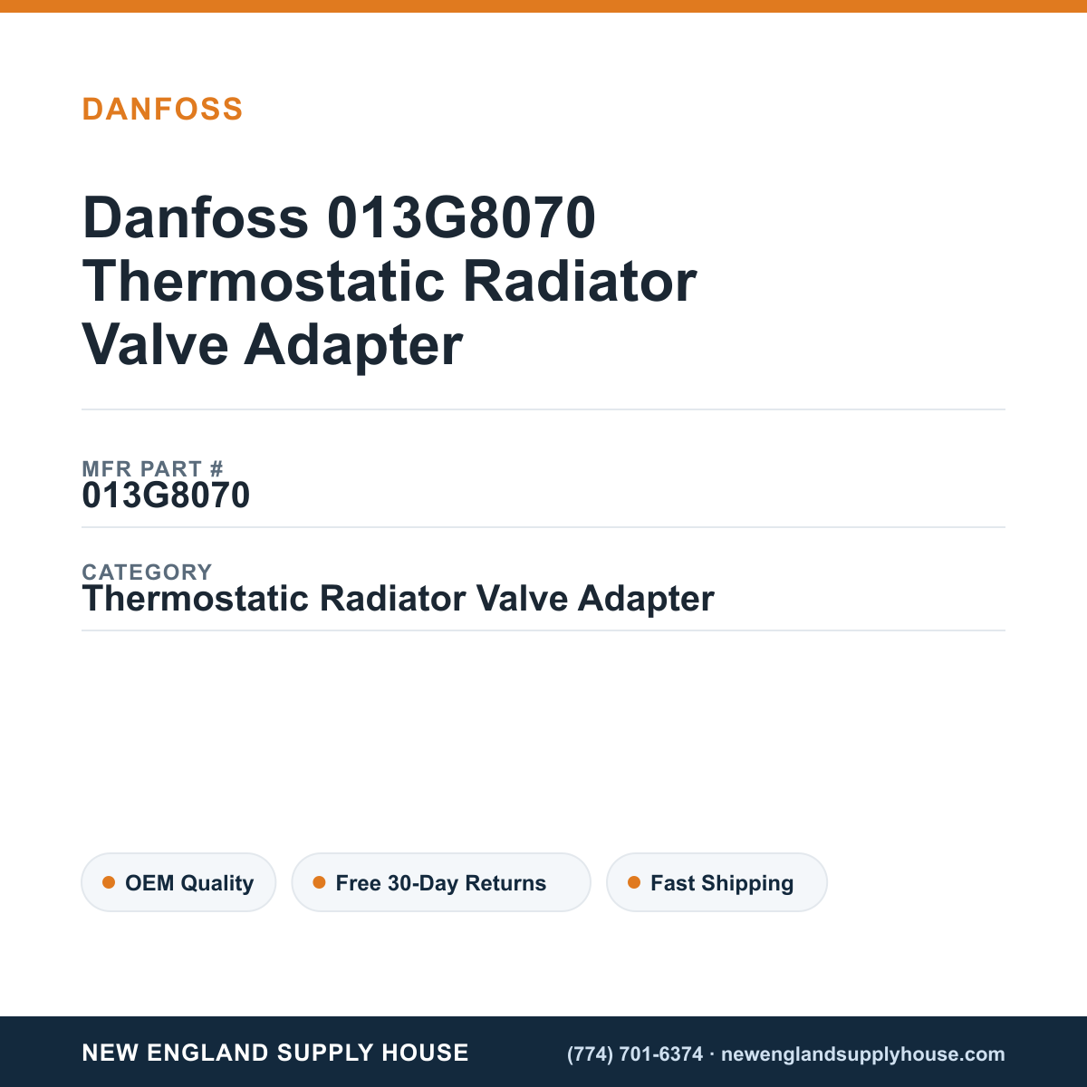 Danfoss 013G8070 Thermostatic Radiator Valve Adapter — New England Supply House spec card [NESH-SPEC-CARD-V2]