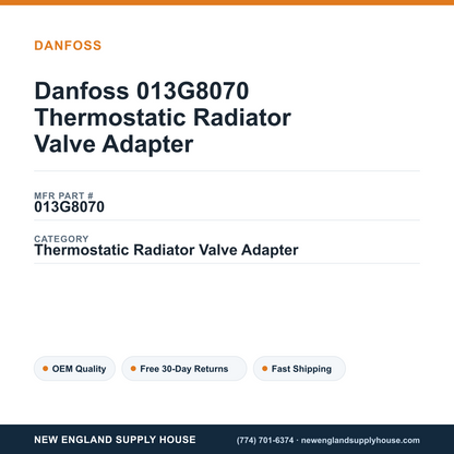 Danfoss 013G8070 Thermostatic Radiator Valve Adapter — New England Supply House spec card [NESH-SPEC-CARD-V2]