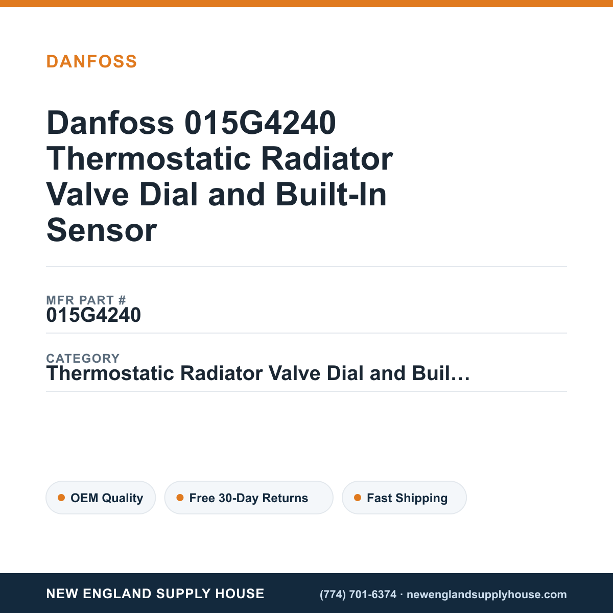 Danfoss 015G4240 Thermostatic Radiator Valve Dial and Built-In Sensor — New England Supply House spec card [NESH-SPEC-CARD-V2]
