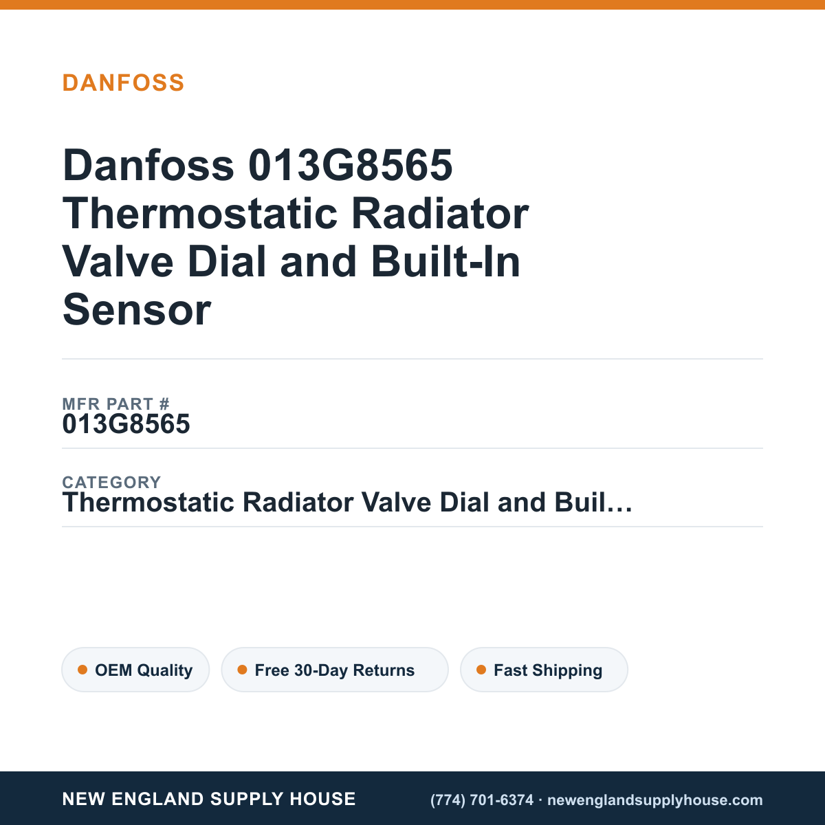 Danfoss 013G8565 Thermostatic Radiator Valve Dial and Built-In Sensor — New England Supply House spec card [NESH-SPEC-CARD-V2]