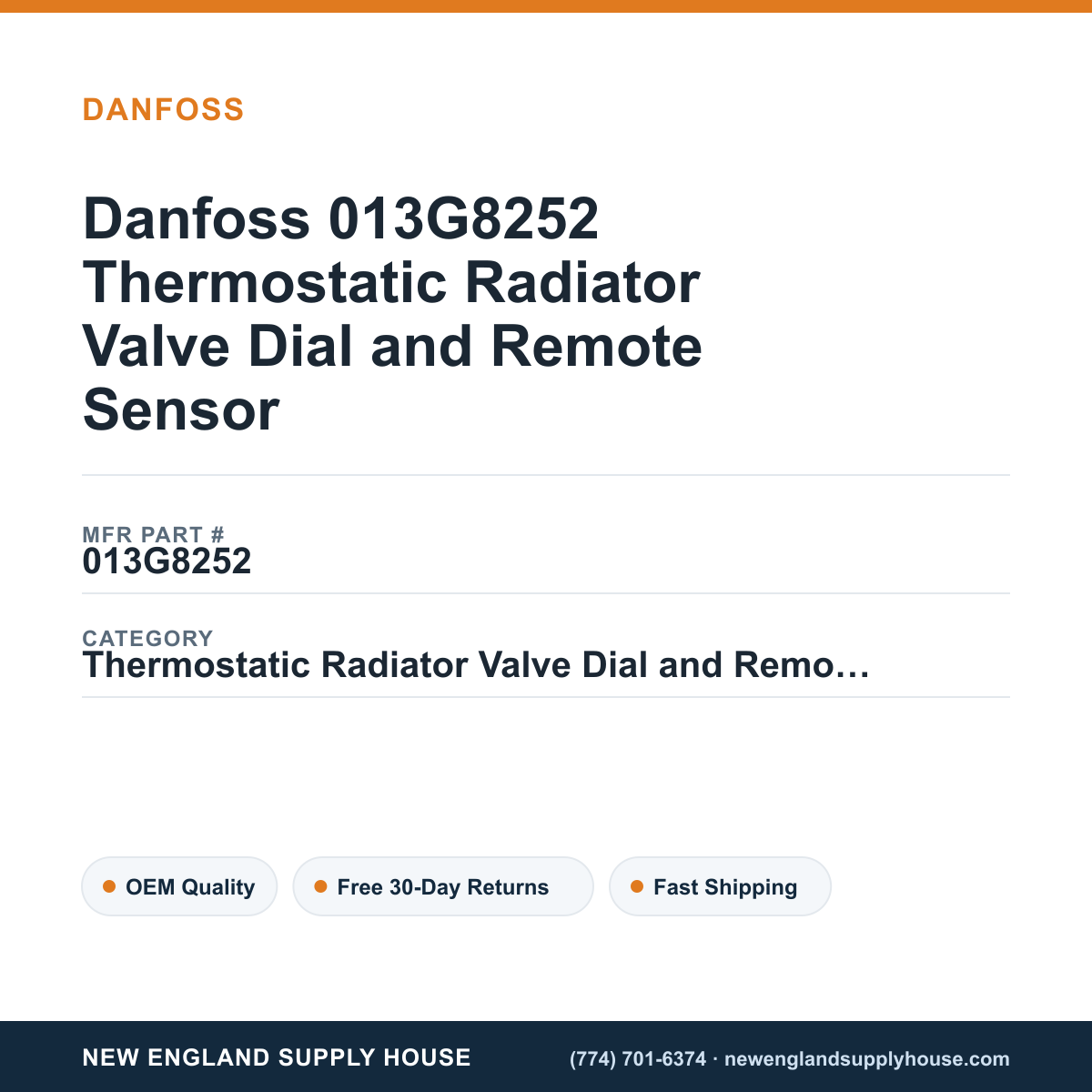 Danfoss 013G8252 Thermostatic Radiator Valve Dial and Remote Sensor — New England Supply House spec card [NESH-SPEC-CARD-V2]
