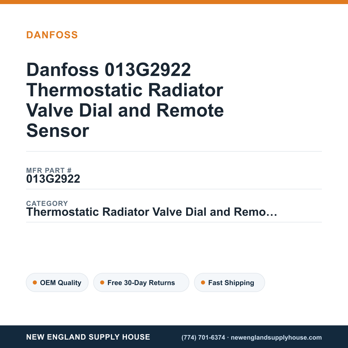 Danfoss 013G2922 Thermostatic Radiator Valve Dial and Remote Sensor — New England Supply House spec card [NESH-SPEC-CARD-V2]
