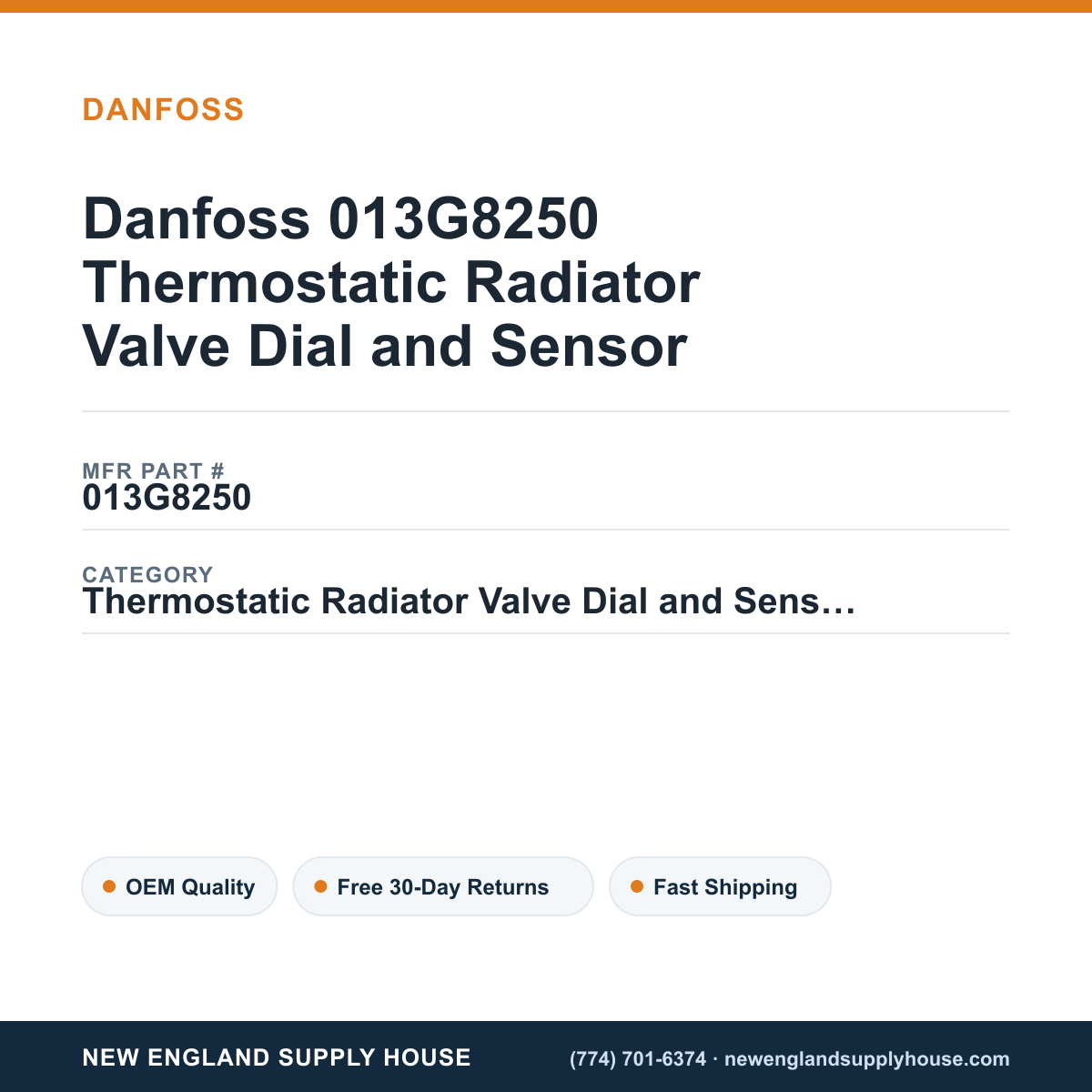 Danfoss 013G8250 Thermostatic Radiator Valve Dial and Sensor — New England Supply House spec card [NESH-SPEC-CARD-V2]