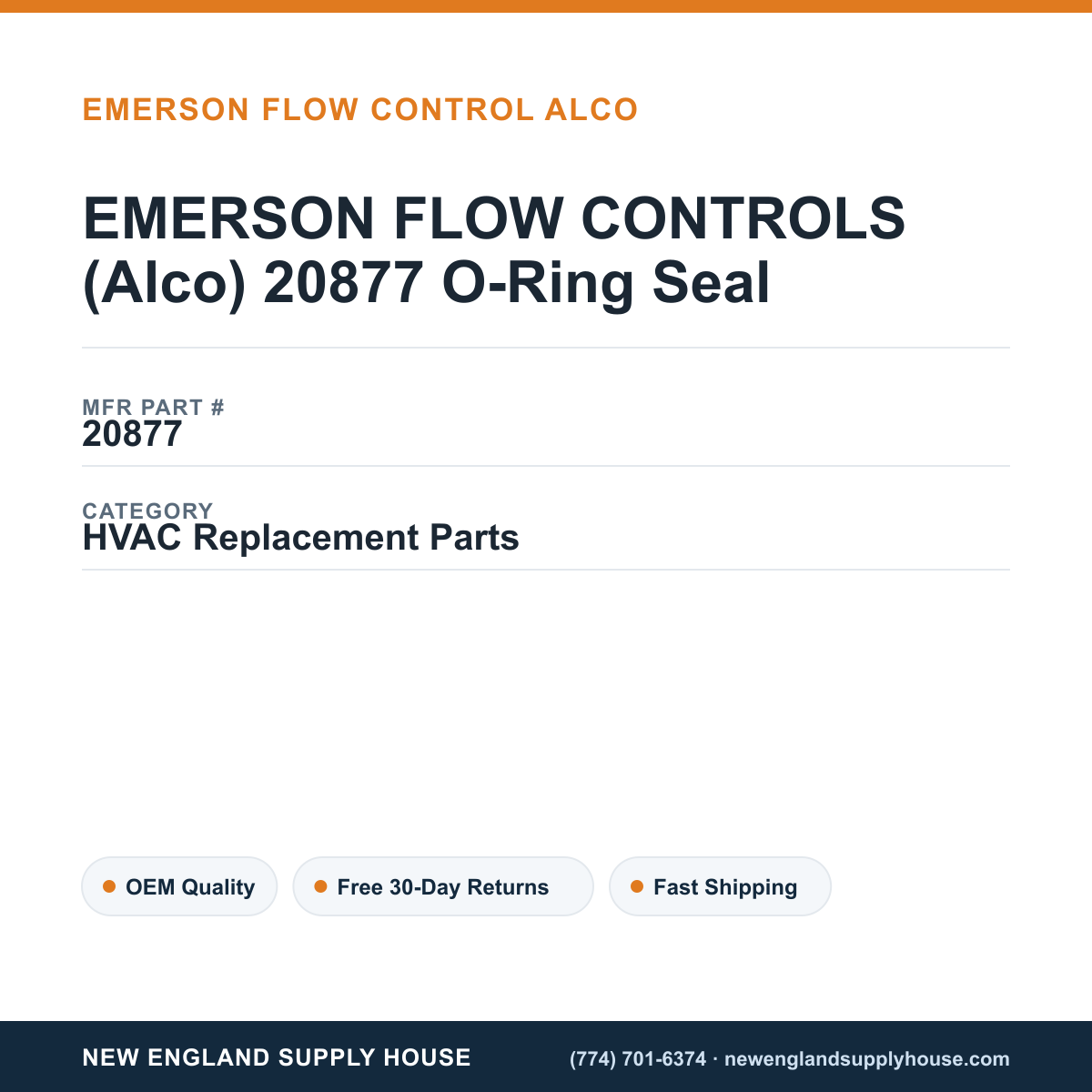 EMERSON FLOW CONTROLS (Alco) 20877 O-Ring Seal — New England Supply House spec card [NESH-SPEC-CARD-V2]