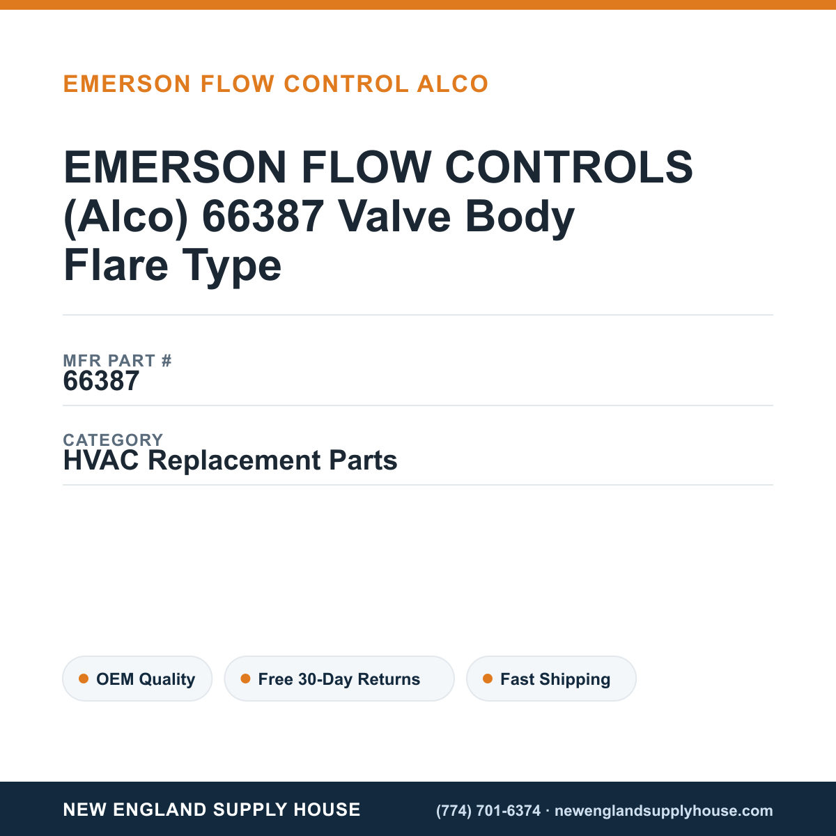 EMERSON FLOW CONTROLS (Alco) 66387 Valve Body Flare Type — New England Supply House spec card [NESH-SPEC-CARD-V2]