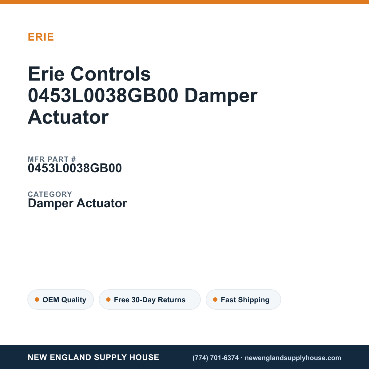 Erie Controls 0453L0038GB00 Damper Actuator — New England Supply House spec card [NESH-SPEC-CARD-V2]