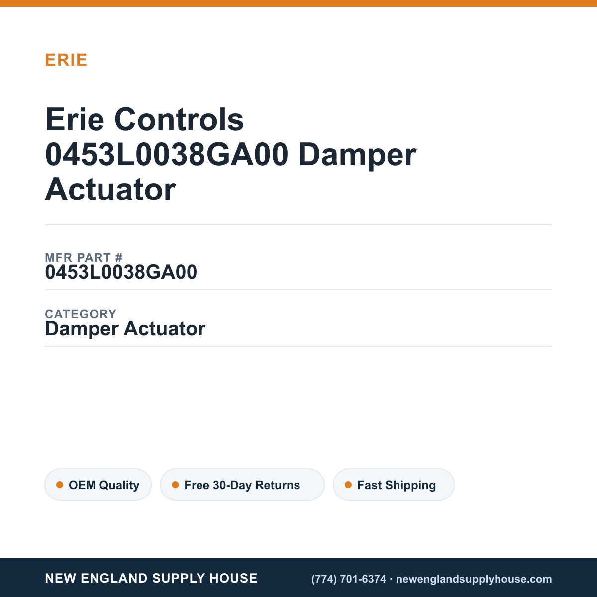 Erie Controls 0453L0038GA00 Damper Actuator — New England Supply House spec card [NESH-SPEC-CARD-V2]