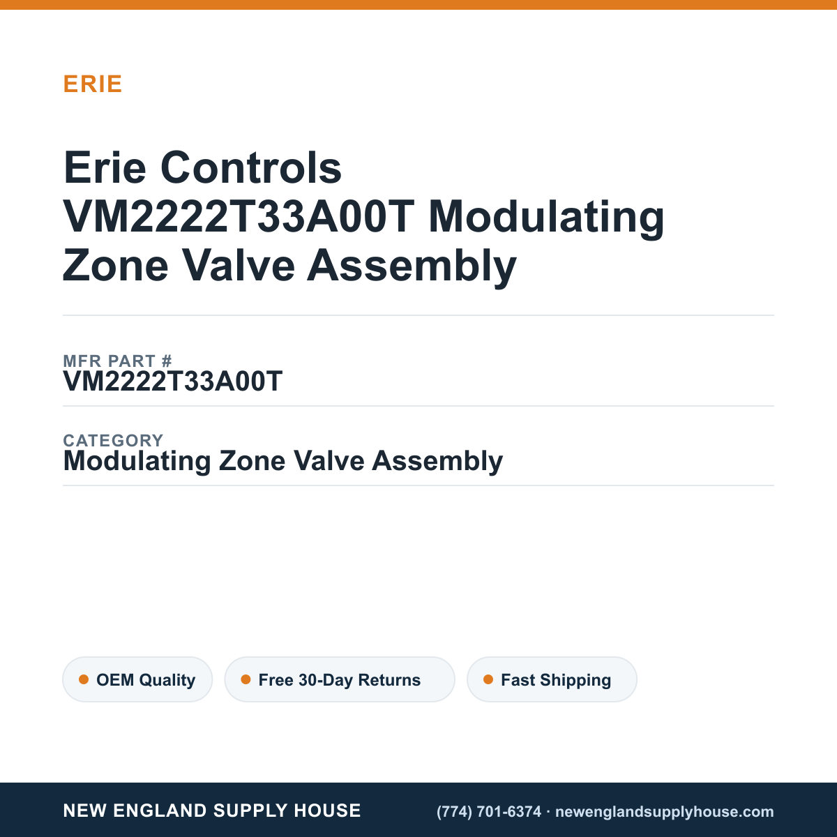 Erie Controls VM2222T33A00T Modulating Zone Valve Assembly — New England Supply House spec card [NESH-SPEC-CARD-V2]