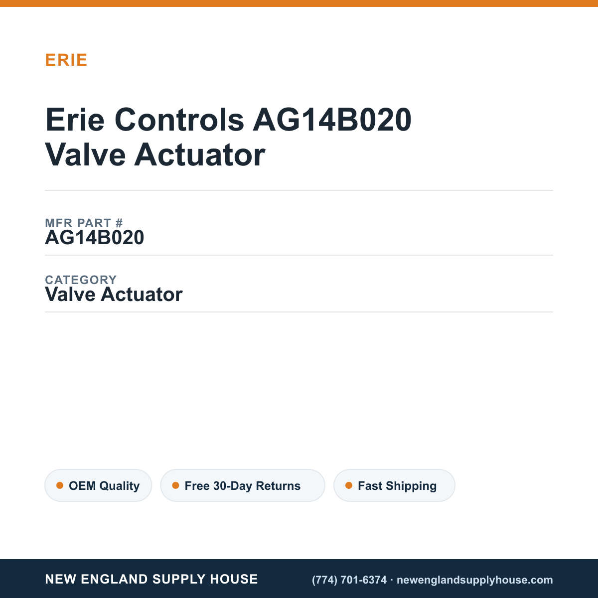 Erie Controls AG14B020 Valve Actuator — New England Supply House spec card [NESH-SPEC-CARD-V2]