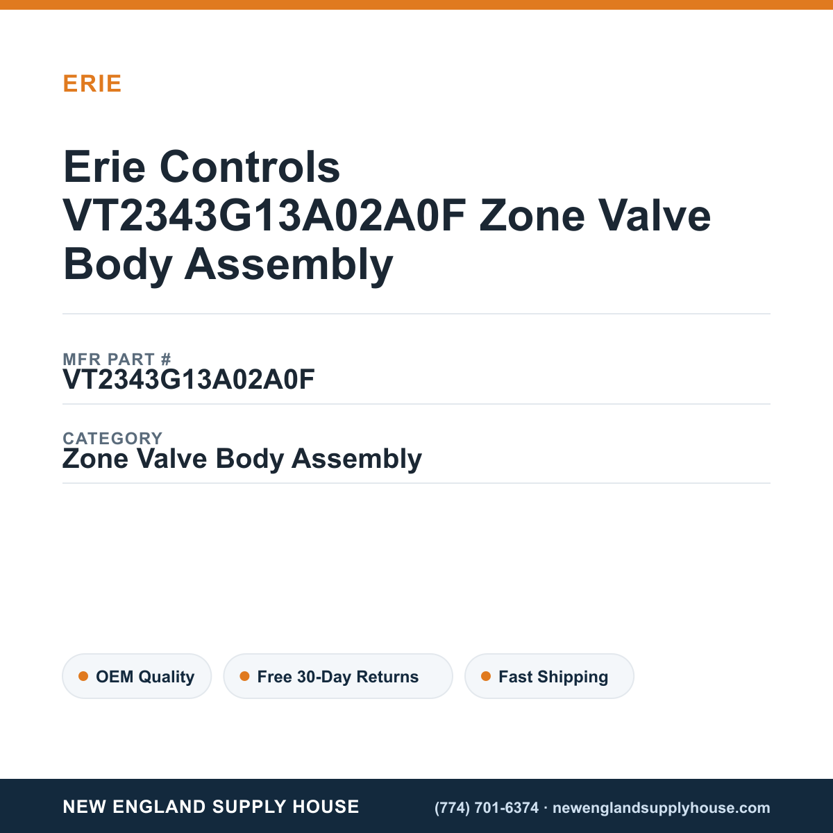 Erie Controls VT2343G13A02A0F Zone Valve Body Assembly — New England Supply House spec card [NESH-SPEC-CARD-V2]