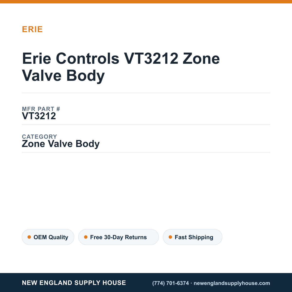 Erie Controls VT3212 Zone Valve Body — New England Supply House spec card [NESH-SPEC-CARD-V2]