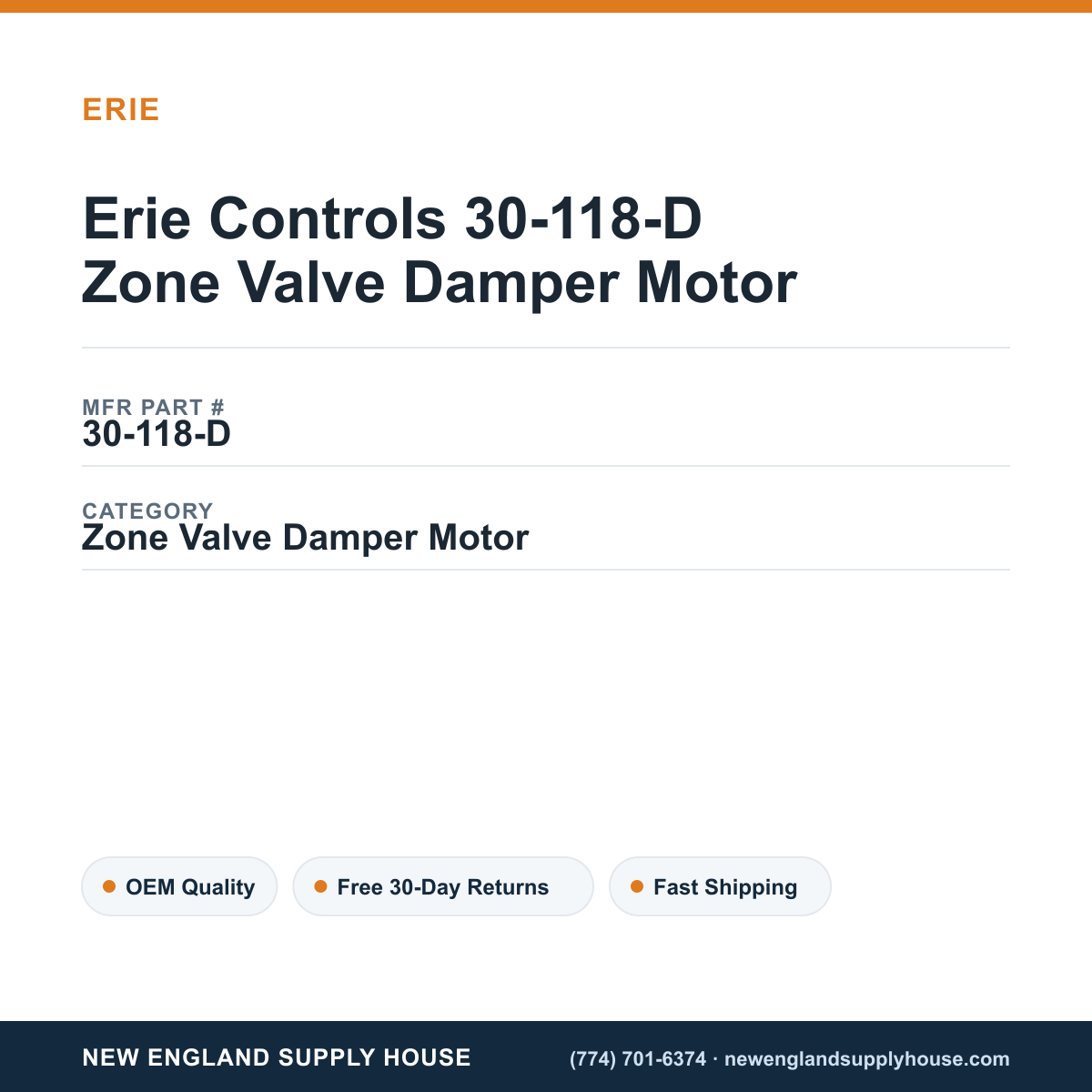 Erie Controls 30-118-D Zone Valve Damper Motor — New England Supply House spec card [NESH-SPEC-CARD-V2]