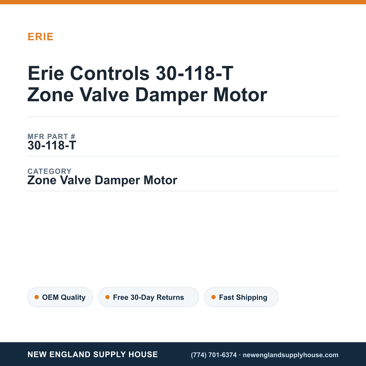 Erie Controls 30-118-T Zone Valve Damper Motor — New England Supply House spec card [NESH-SPEC-CARD-V2]