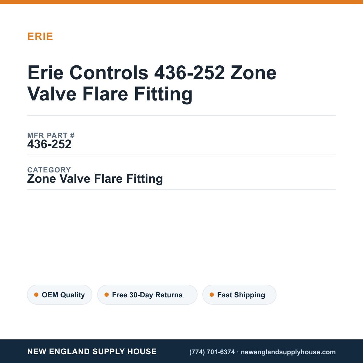 Erie Controls 436-252 Zone Valve Flare Fitting — New England Supply House spec card [NESH-SPEC-CARD-V2]
