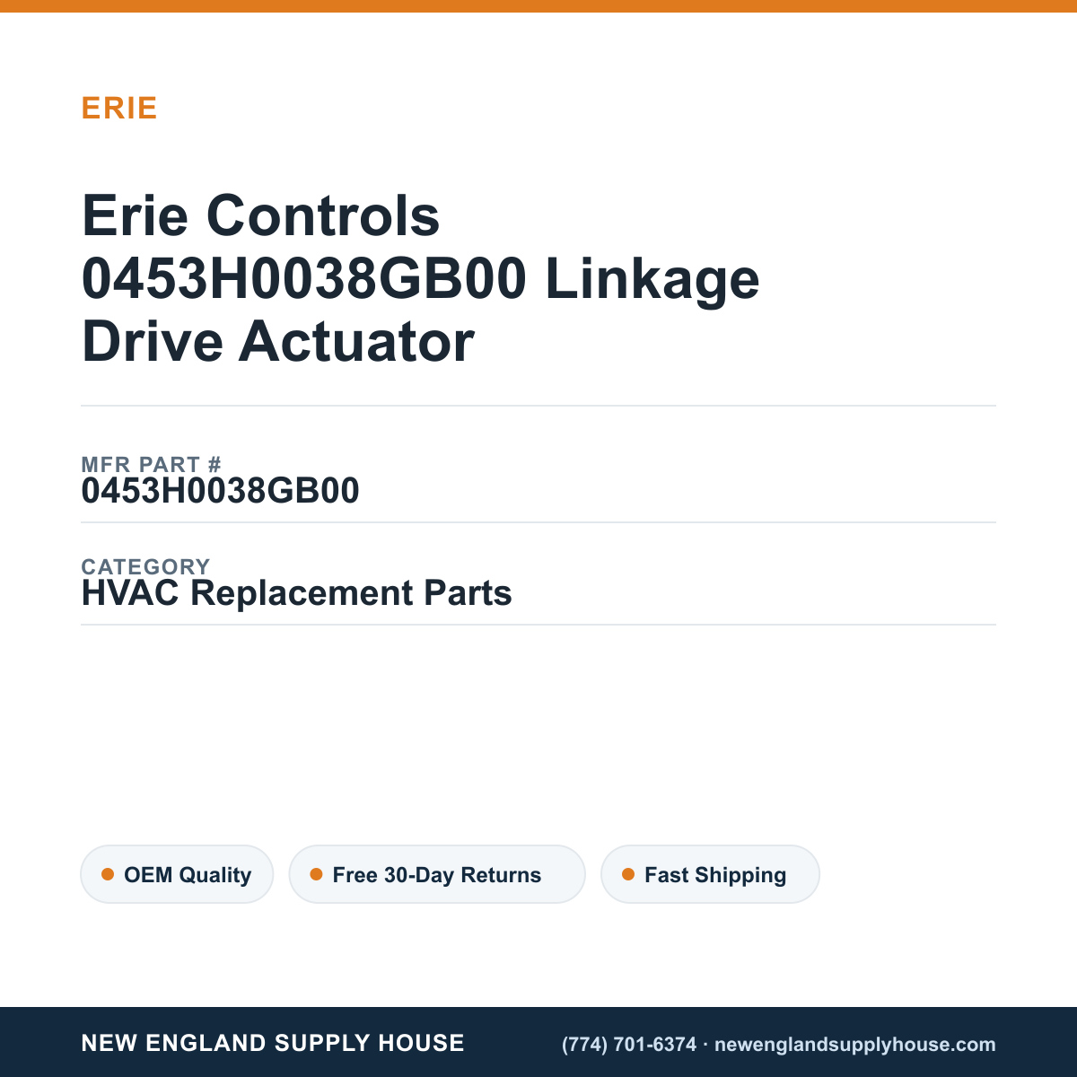 Erie Controls 0453H0038GB00 Linkage Drive Actuator — New England Supply House spec card [NESH-SPEC-CARD-V2]